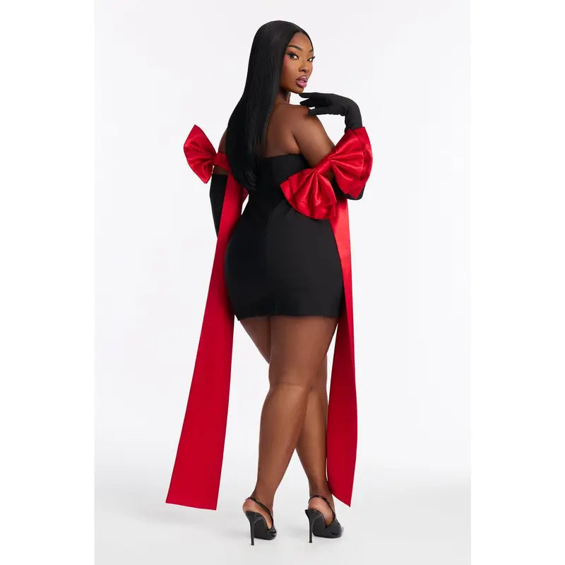 CONJUNTO VESTIDO MINI SIN TIRANTES LAZOS ROJOS